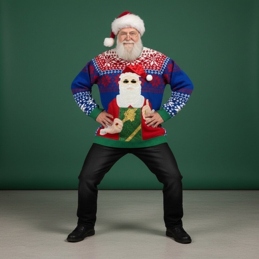 Santa Claus Ugly Christmas Sweater With Sunglasses Red/Blue Funny Holiday Knit